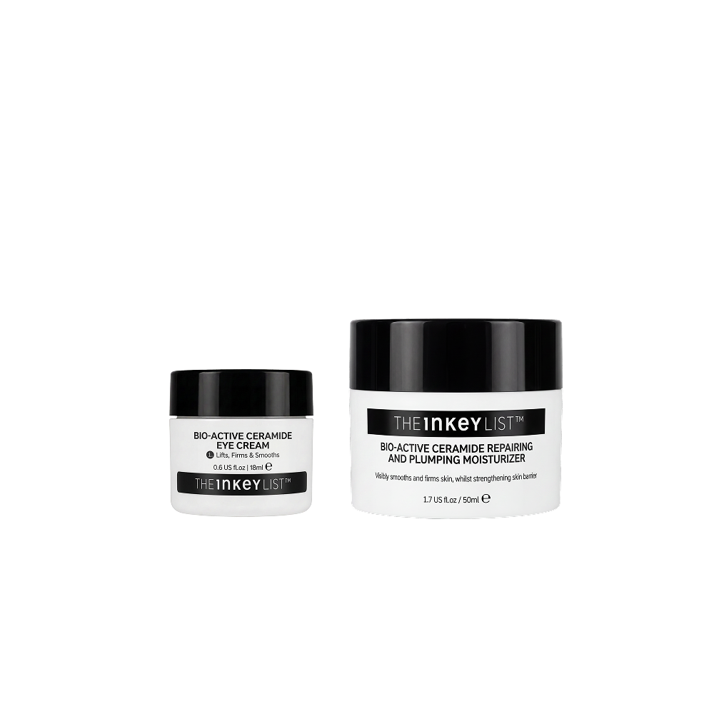 Two skincare jars from The Inkey List on a plain white background: a smaller white jar with a black lid labeled Bio-Active Ceramide Eye Cream, and a larger white jar with a black lid labeled Bio-Active Ceramide Repairing and Plumping Moisturizer.