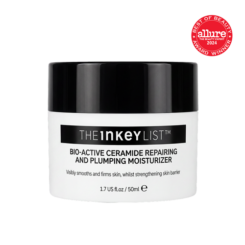 A white cosmetic jar with a black lid from The Inkey List, featuring a red Allure Best of Beauty Award Winner badge in the top right corner.