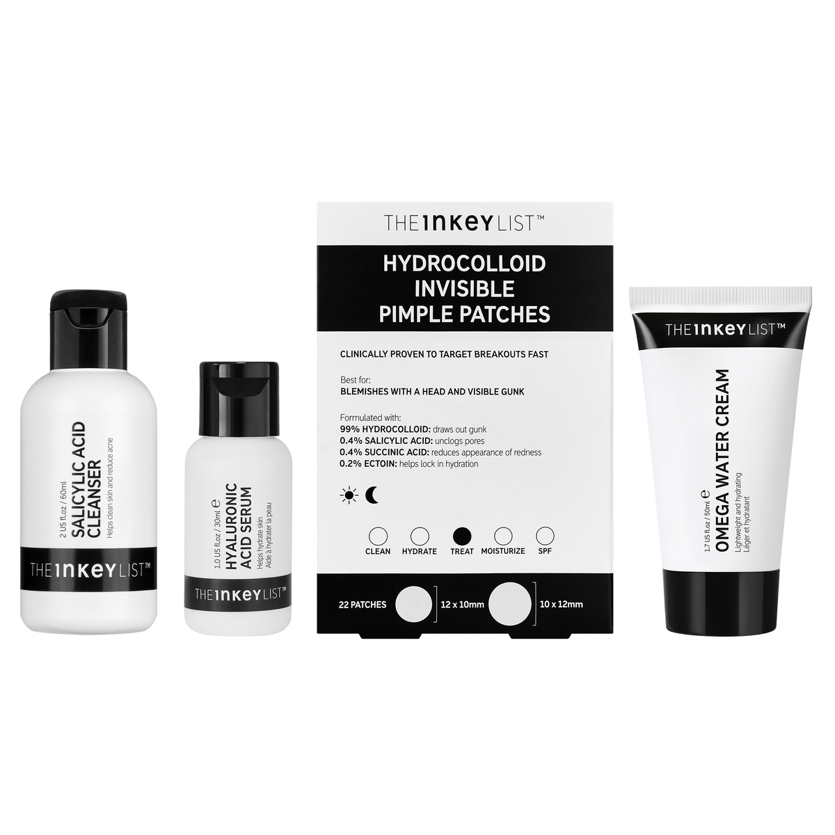 Collection of The Inkey List skincare products including cleanser, serum, patches, and cream on a white background.