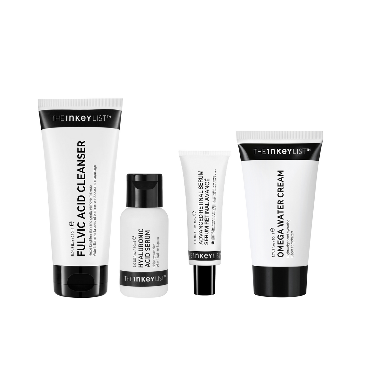 Set of skincare products from The Inkey List on a white background